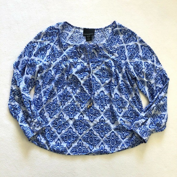 Cynthia Rowley Blue White Print Rayon Tie Long Sleeve Pullover Peasant Shirt S - Picture 4 of 10